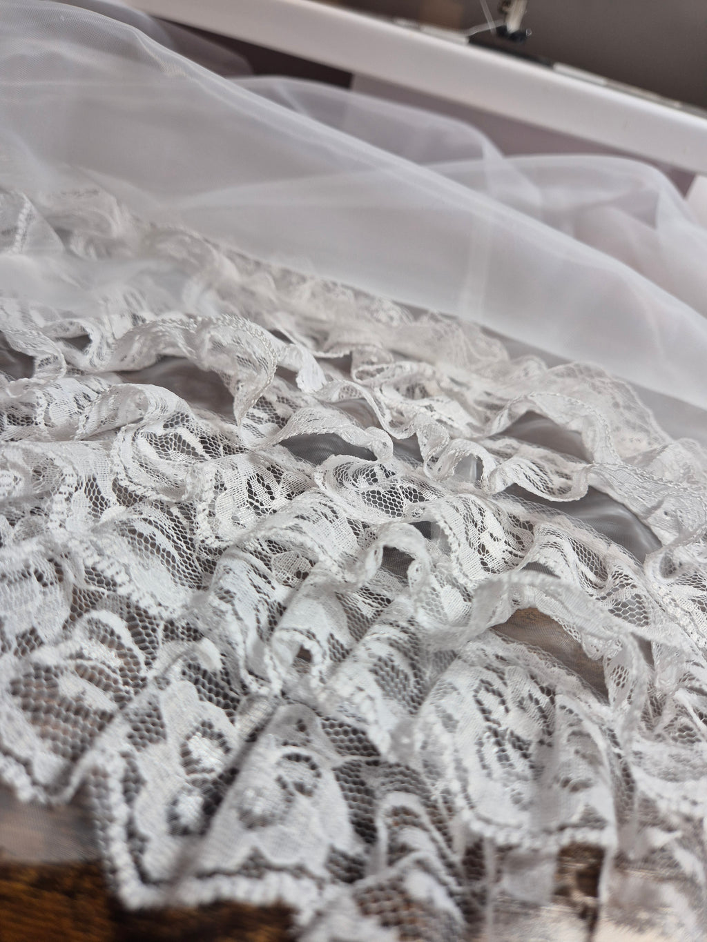 Kitty Nylon Knickers in white nylon, close up showing layers of ruffle. 