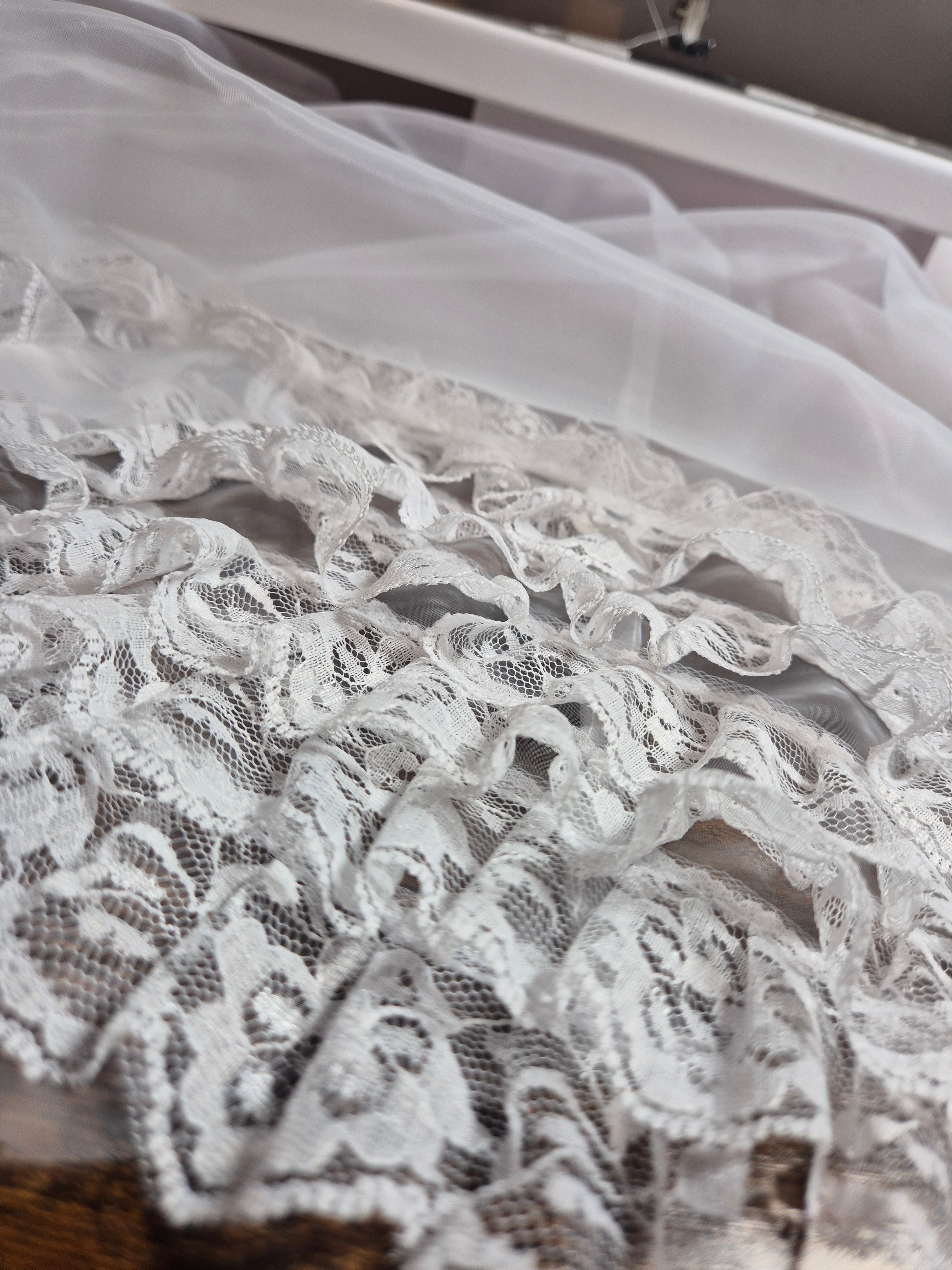 Kitty Nylon Knickers in white nylon, close up showing layers of ruffle. 