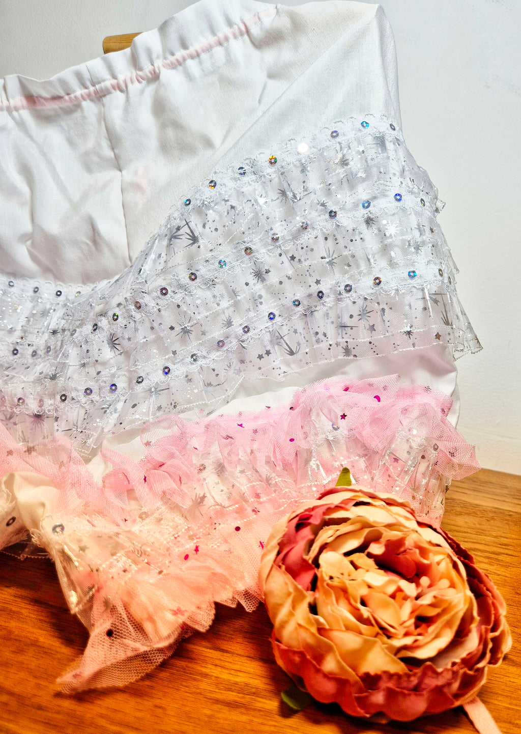 Back ruffle detail on dolly drawers showing layers of sumptious ruffles across buttocks. sissy knickers, adult baby nappy cover, victorian style drawers, unisex