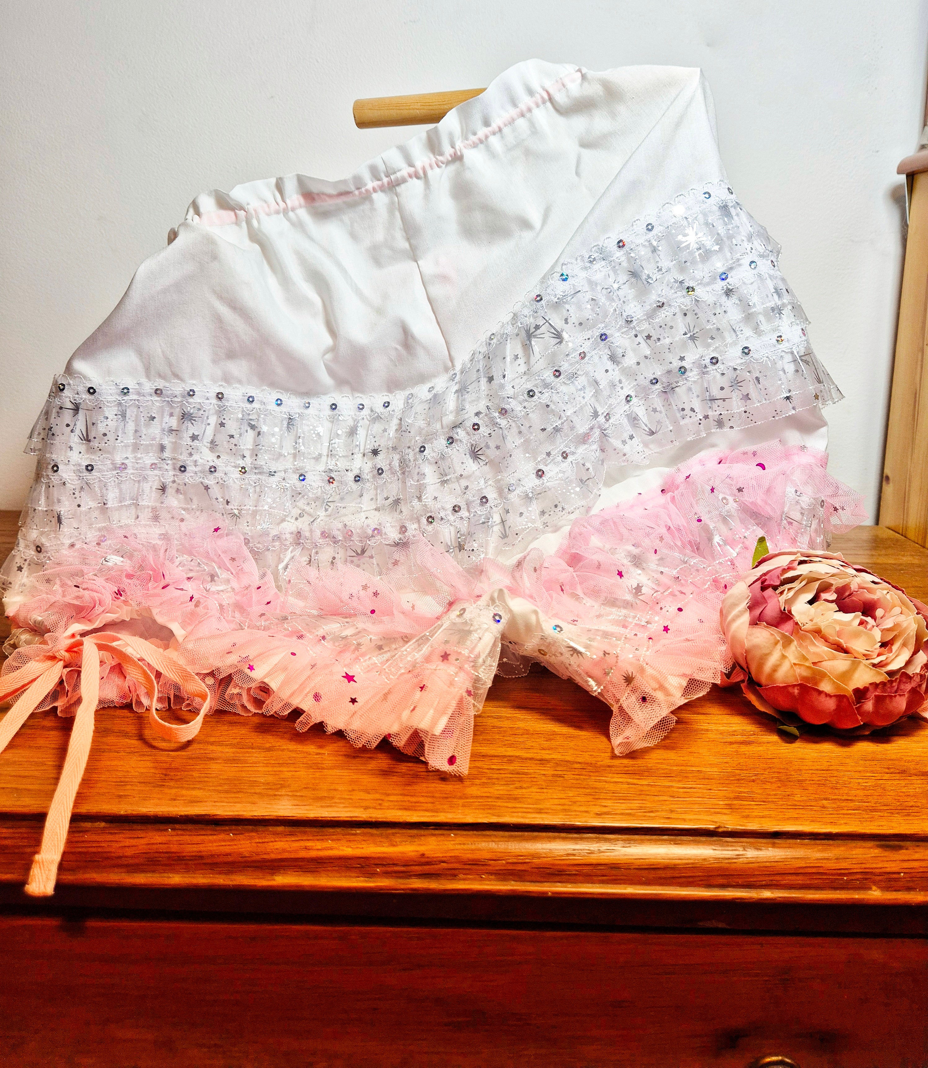 Rear view of dolly drawers, white and pink lace ruffles on white cotton shorts. Drawstring waist band and drawstring leg aperture. sissy knickers, adult baby nappy cover, victorian style drawers, unisex