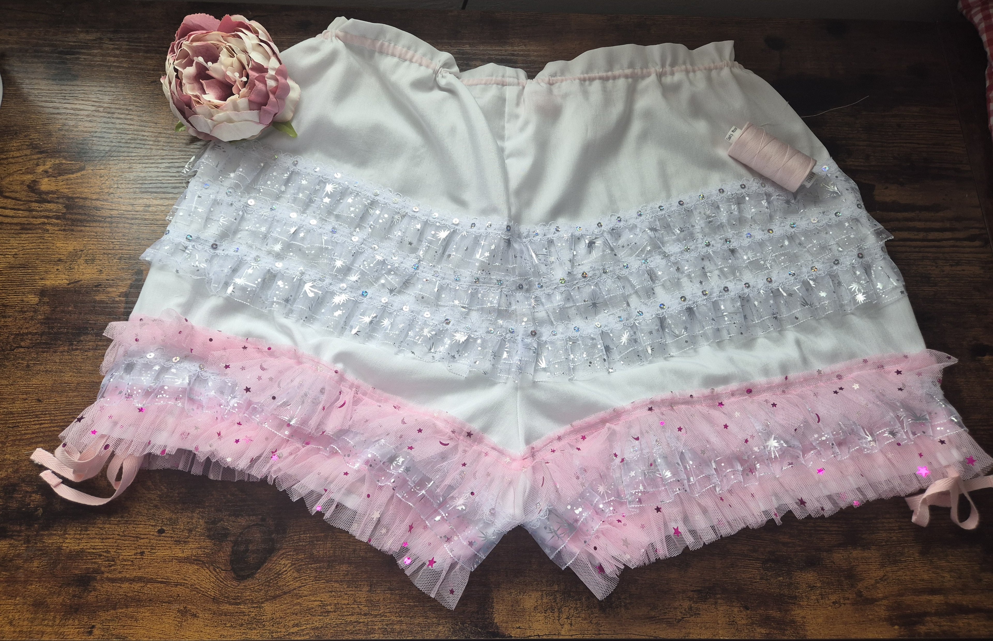 Dolly Drawers - white short style bloomer with layers or lace and tulle ruffle, sequins. sissy knickers, adult baby nappy cover, victorian style drawers, unisex