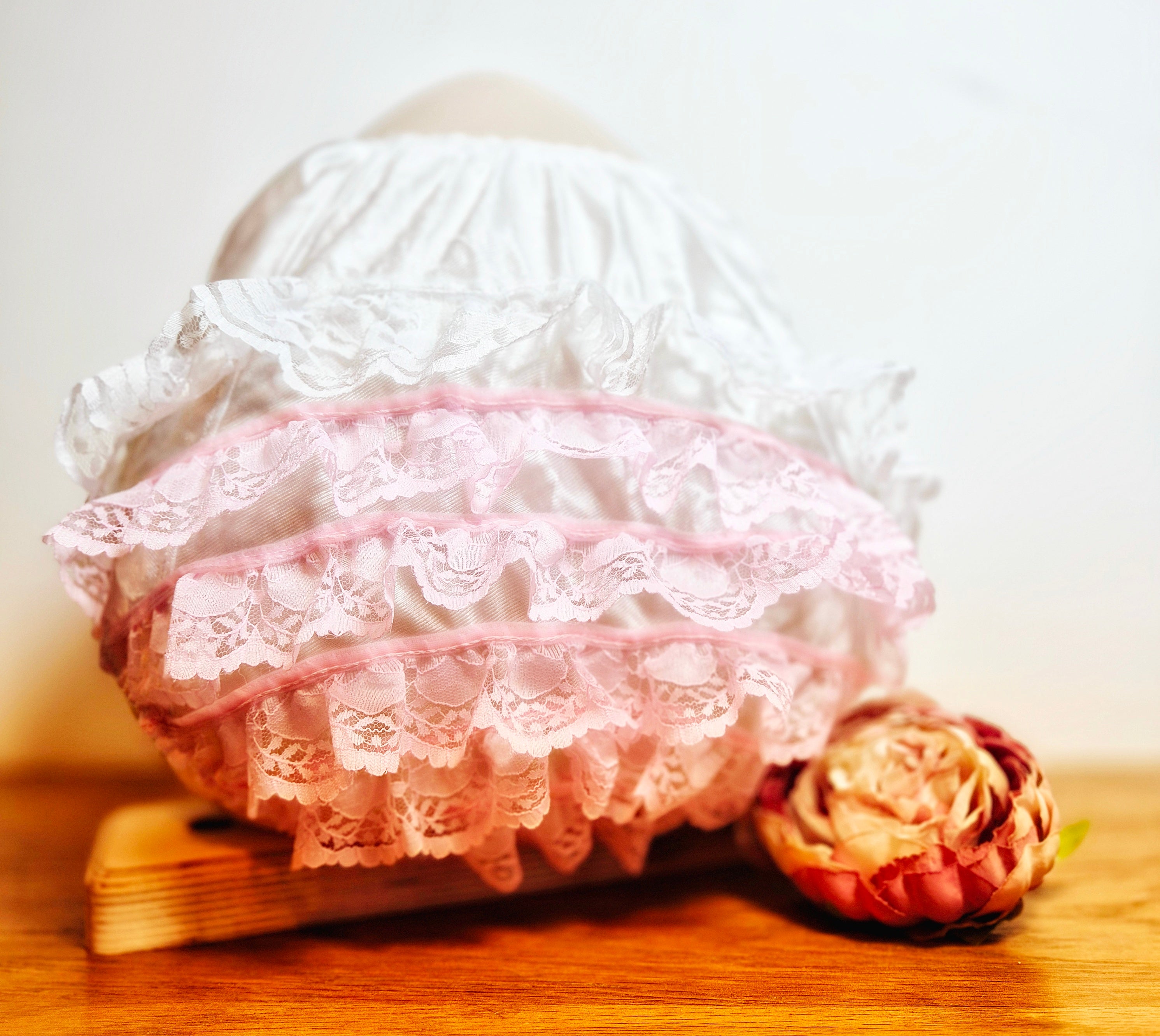 Back view of Kitty nylon and lace knicker showing layers of lace ruffles. Sissy Knickers, Nappy/Diaper covers, unisex
