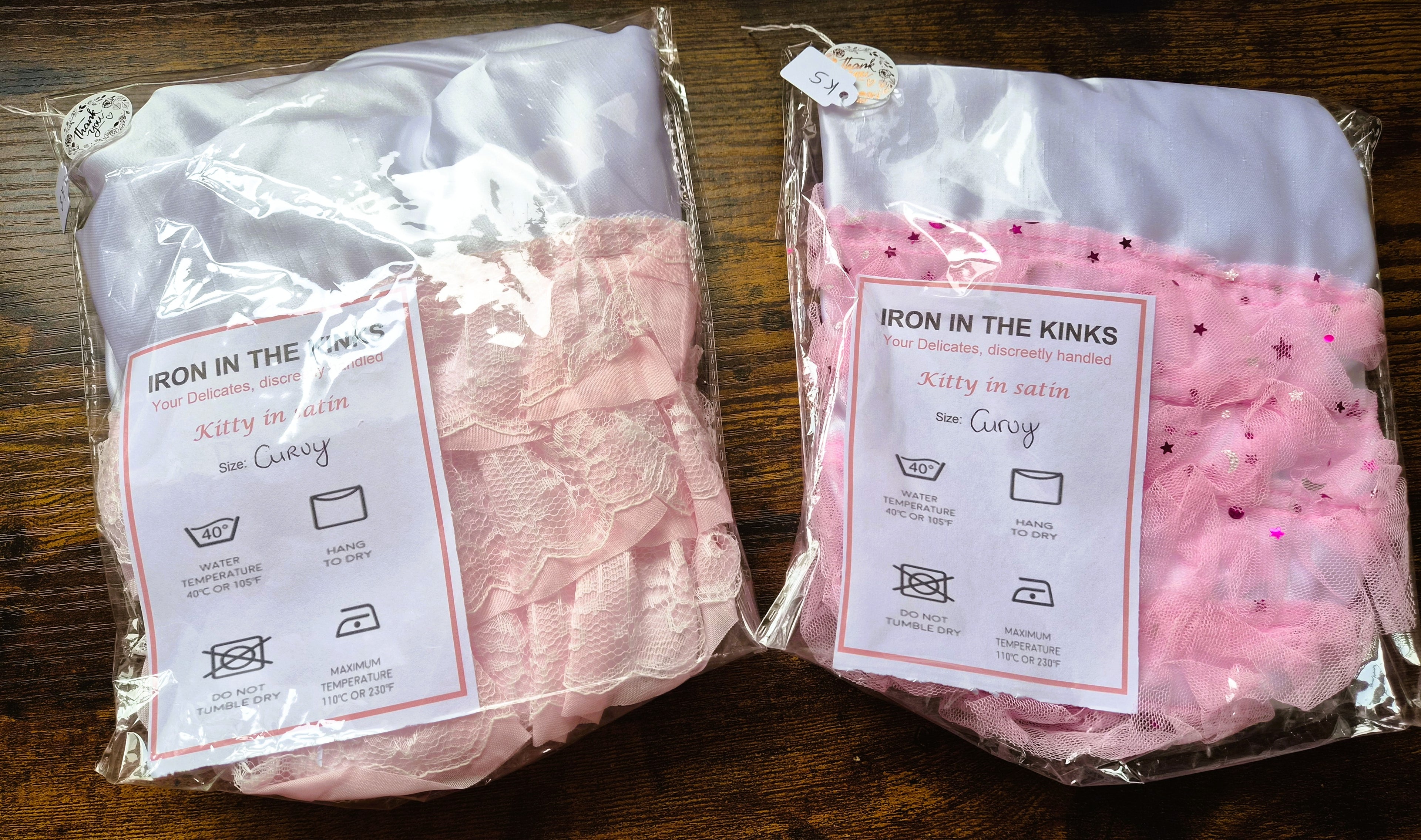 Packaged panties showing ruffles and baseline fabrics. 