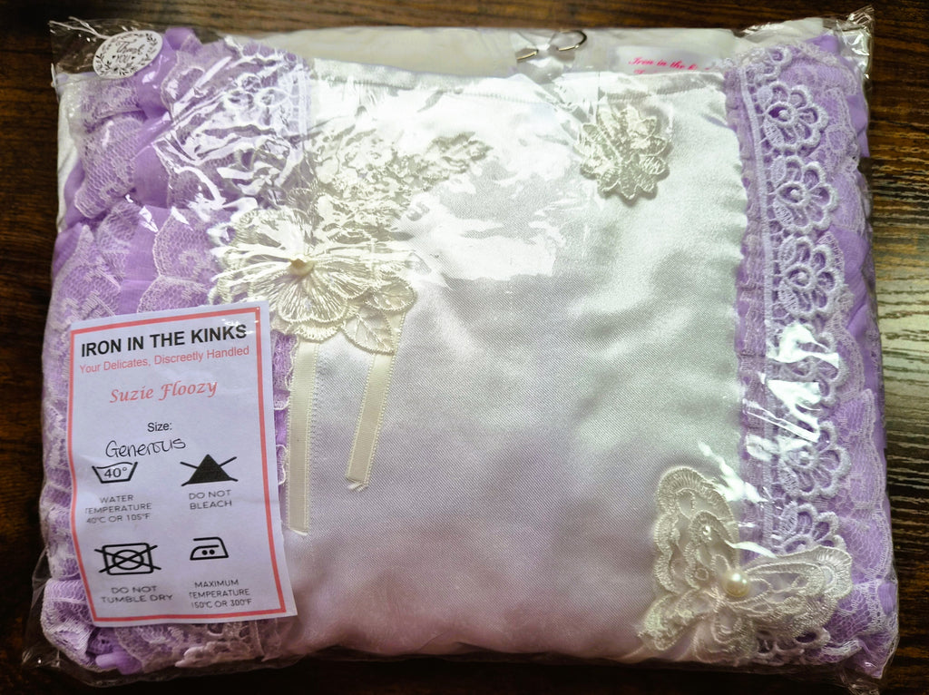 White satin sissy/adult baby dress with purple ribbon and white accents. 