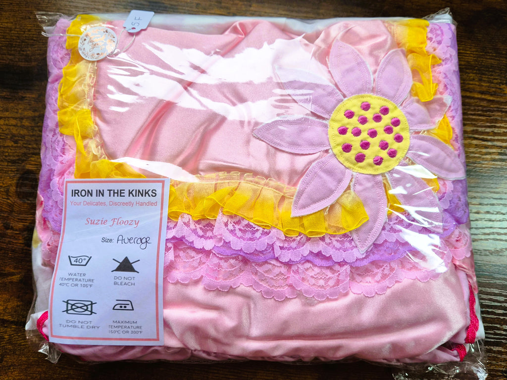 White cotton and pink satin sissy dress/adult babies with daisy motif and coloured ribbon accents. 