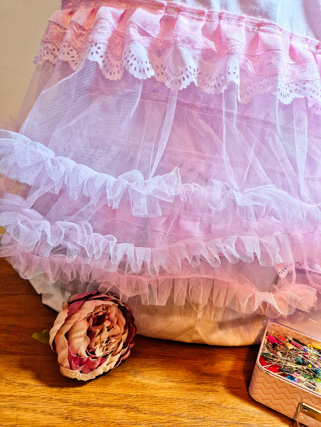 Tilly Vintage Style Cami Top in pink on dress form showing full silhouette with tiered tulle skirt and satin ruffle neckline