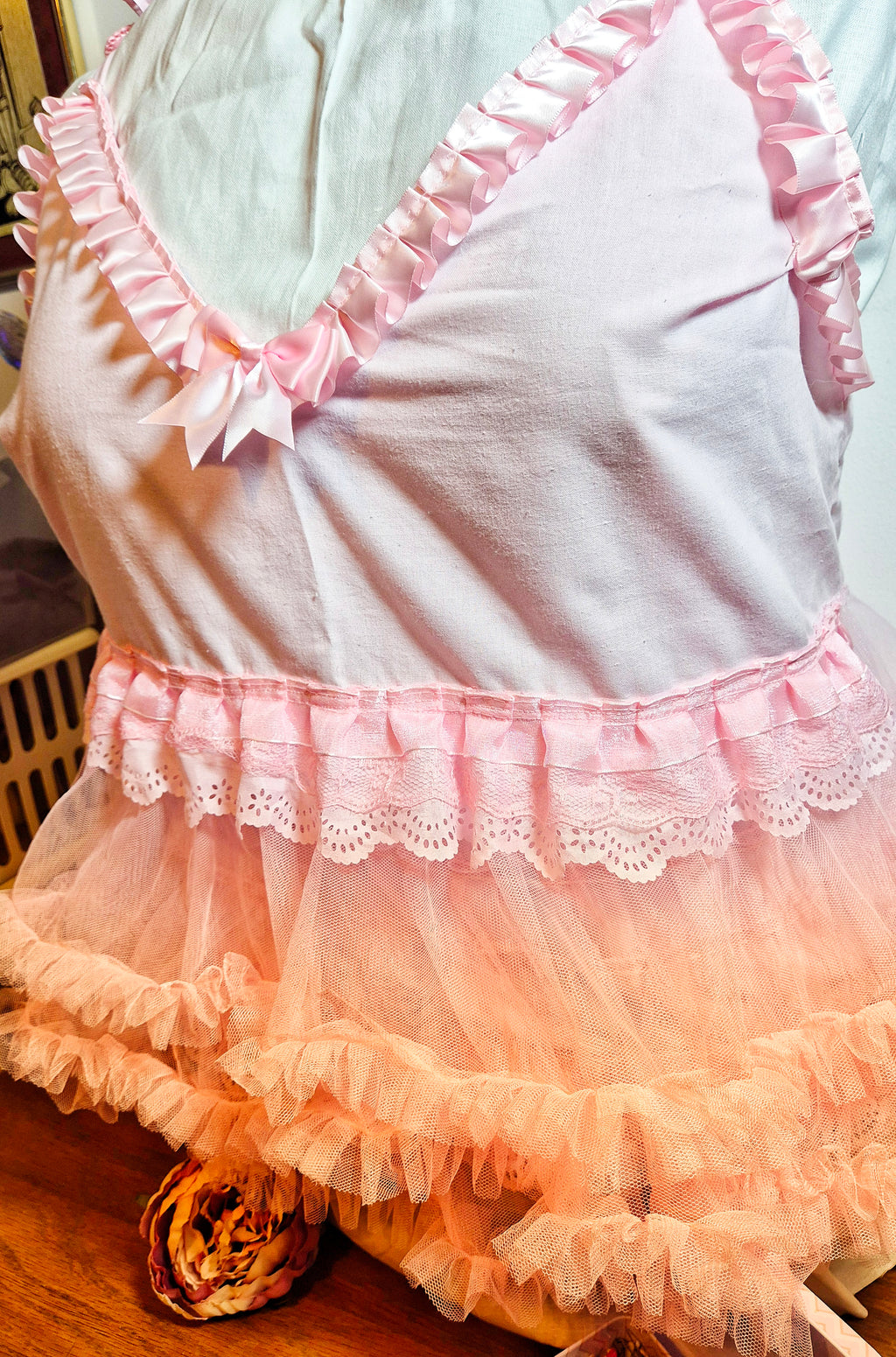 Tilly Vintage Style Cami Top in pink with tiered tulle hem, pink satin ruffle neckline and tie shoulder straps, on dress form