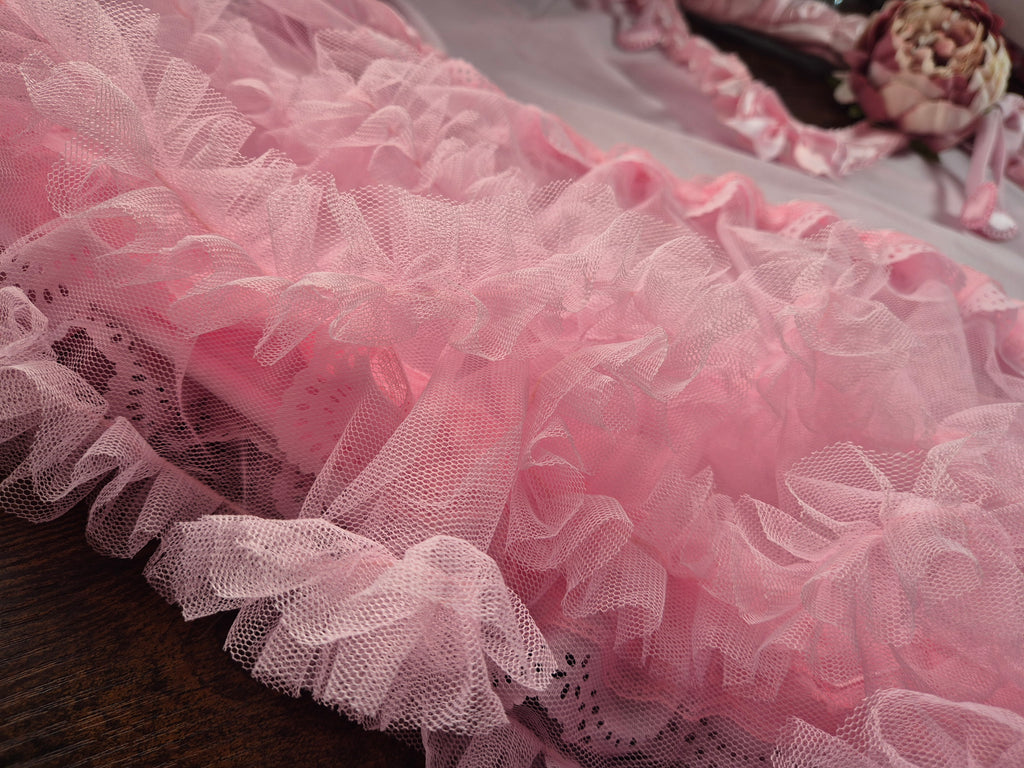 Close-up of Tilly Vintage Style Cami Top hem showing tiered pink tulle ruffles and broderie anglaise trim